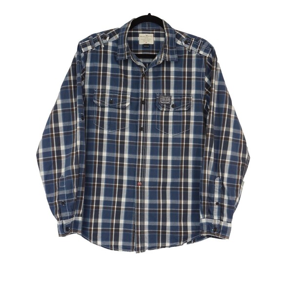 Marc Ecko Mens Y2K Plaid Button Down Shirt Blue Brown M Preppy Nautical Street - Picture 1 of 8
